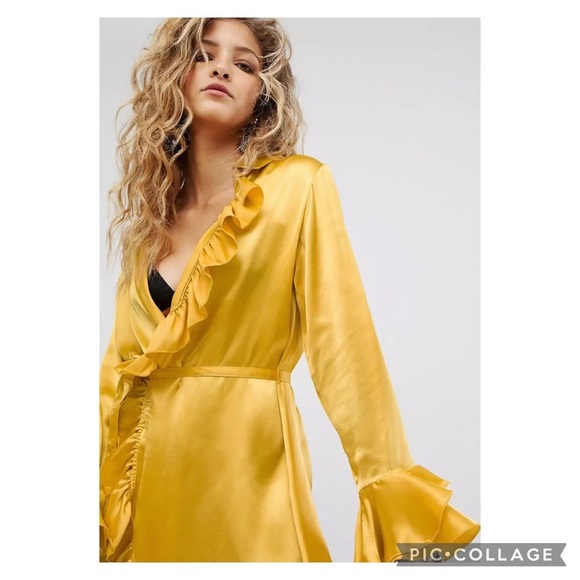 ASOS Sacred Hawk gold Satin Frilly Wrap Dress Size XS - Picture 4 of 16